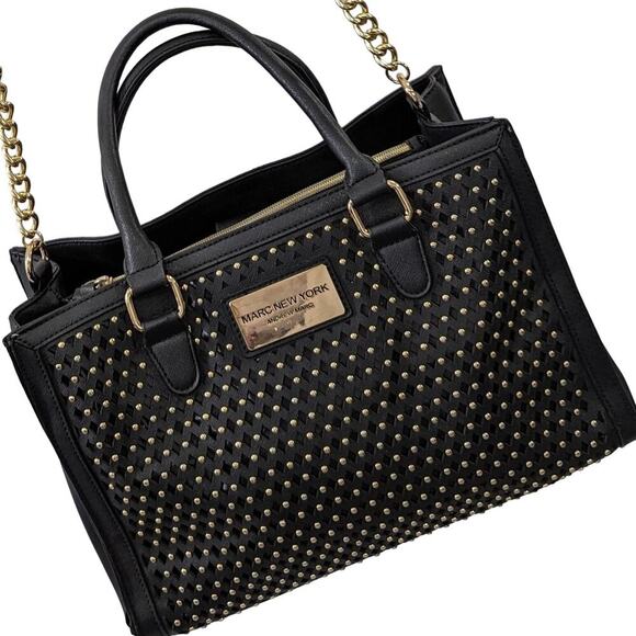 MARC NEW YORK! BLACK BRUSHED FINISH FAUX LEATHER, GOLD JEWEL STUDDED  HAND BAG! - Picture 2 of 11